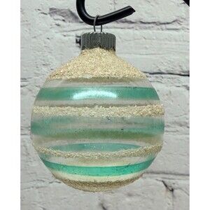 Shiny Brite Unsilvered Stripe Mica Ball Green Snow Vtg Christmas Ornament